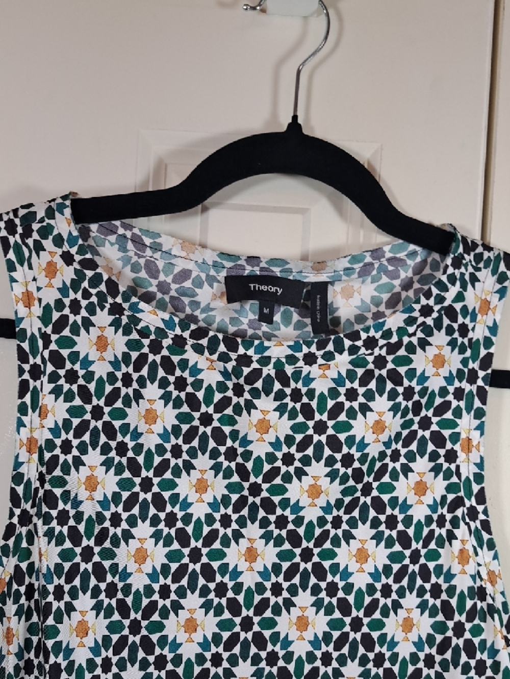 Theory Silk Sleeveless Geometric Floral Tank Top - White, Black, Green, Gold - Picture 2 of 5